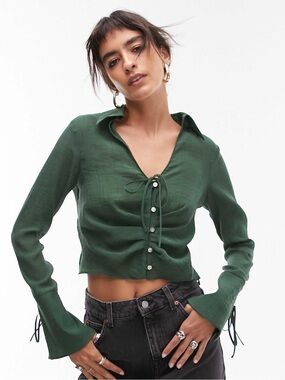 NEVER WORN Topshop Green Ruched Tie-Front Blouse With Bell Sleeves